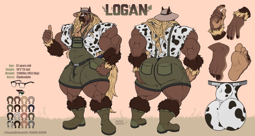 5_fingers 5_toes absurd_res anthro ass biceps big_muscles biped clydesdale color_swatch draft_horse english_text equid equine feet fingers hi_res horse huge_muscles kamui_behemoth logan_(dkomatose) male mammal model_sheet muscular muscular_anthro muscular_male quads solo tail text toes