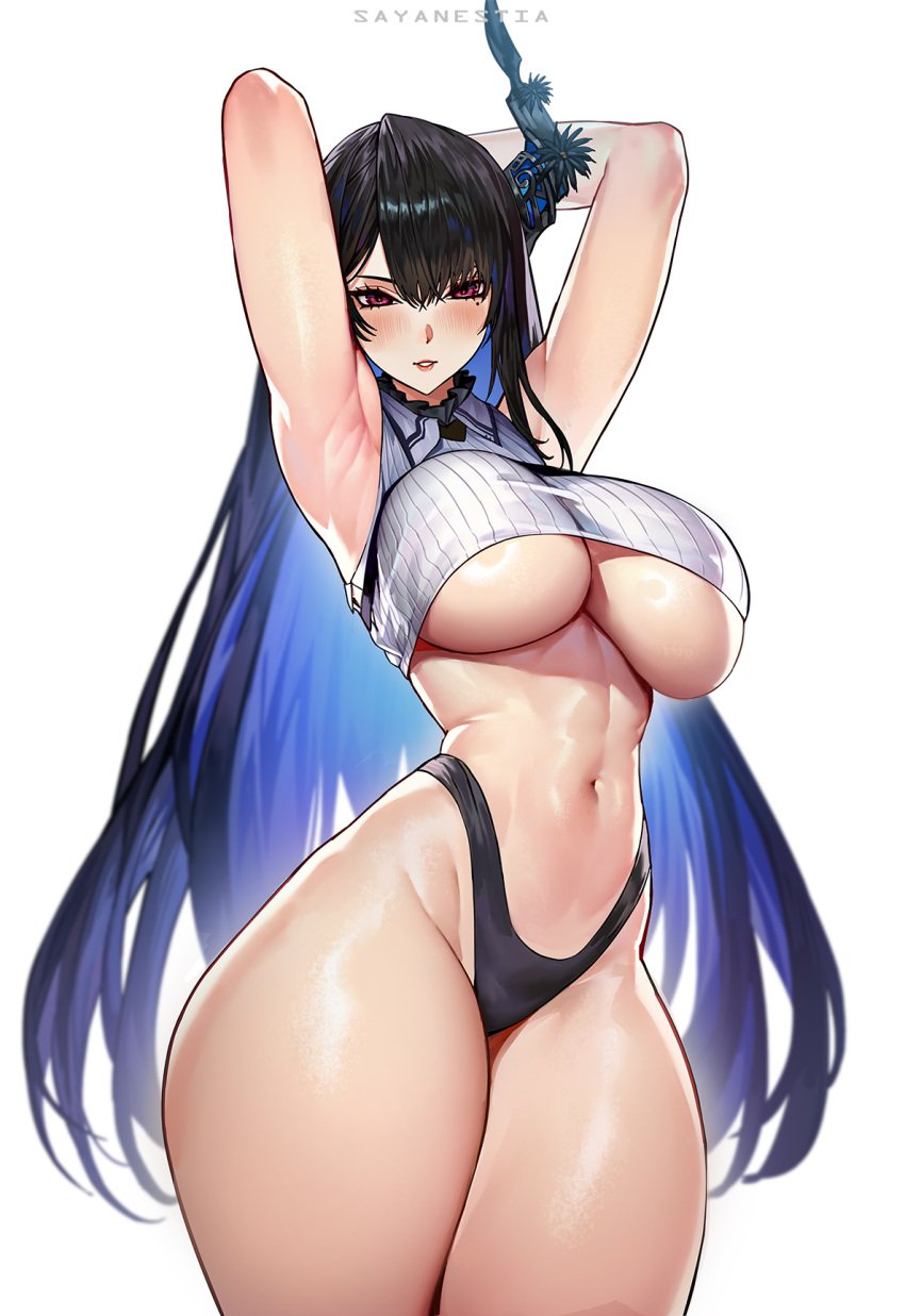 1girls black_hair breasts female hips hololive hololive_english hololive_english_-advent- horns huge_breasts long_hair midriff navel nerissa_ravencroft sayanestia thick_thighs thighs underboob virtual_youtuber white_background wide_hips