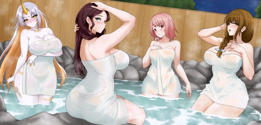 4girls ass brown_eyes brown_hair dorothea_arnault female female_only fire_emblem fire_emblem:_three_houses fire_emblem_engage fire_emblem_heroes gold_eyes gold_hair goldmary_(fire_emblem) green_eyes grey_hair gullveig_(fire_emblem) hayato_stuff hot_spring lapis_(fire_emblem) large_ass large_breasts looking_at_viewer multicolored_hair multiple_girls naked_towel nintendo onsen pale-skinned_female pale_skin pink_eyes pink_hair towel towel_only water