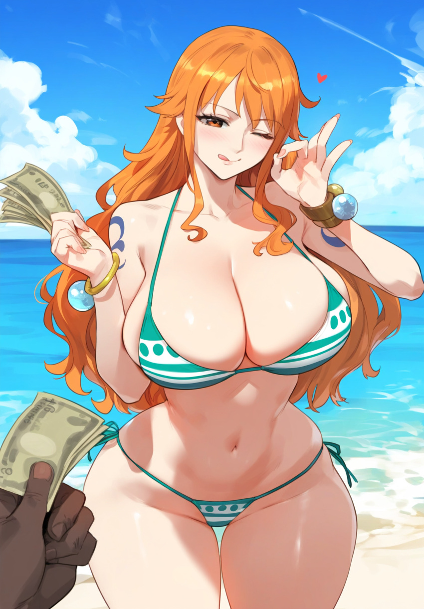 1boy 1girls ai_generated beach big_breasts bikini blush breasts dark-skinned_male dark_skin depressu female female_focus heart hetero huge_breasts interracial large_breasts licking_lips light-skinned_female light_skin long_hair male male/female male_pov money nami navel ocean ok_sign one_eye_closed one_piece orange_hair outdoors post-timeskip pov pov_hands pov_male prostitution sand sky straight swimsuit tattoo thigh_gap thighs tongue tongue_out