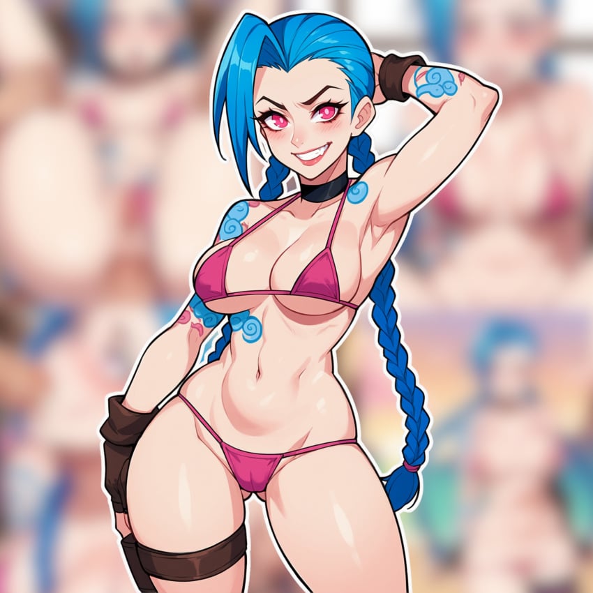 1girls ai_generated arm_down arm_up armpit armpit_fetish armpits big_breasts bikini blue_hair blurry_background blush blush_lines blushing_at_viewer breasts cameltoe choker cleavage collar fanart fangs female female_focus female_only girl jinx_(league_of_legends) jorgecarlosai league_of_legends league_of_legends:_wild_rift leather long_hair micro_bikini navel nipple_bulge outline pink_bikini pink_eyes posing promotional_art sharp_teeth smile standing tattoo tattoo_on_chest tattooed_arm tattooed_female tattoos teeth thighs toned toned_belly toned_body toned_female toned_legs toned_stomach watermark white_outline