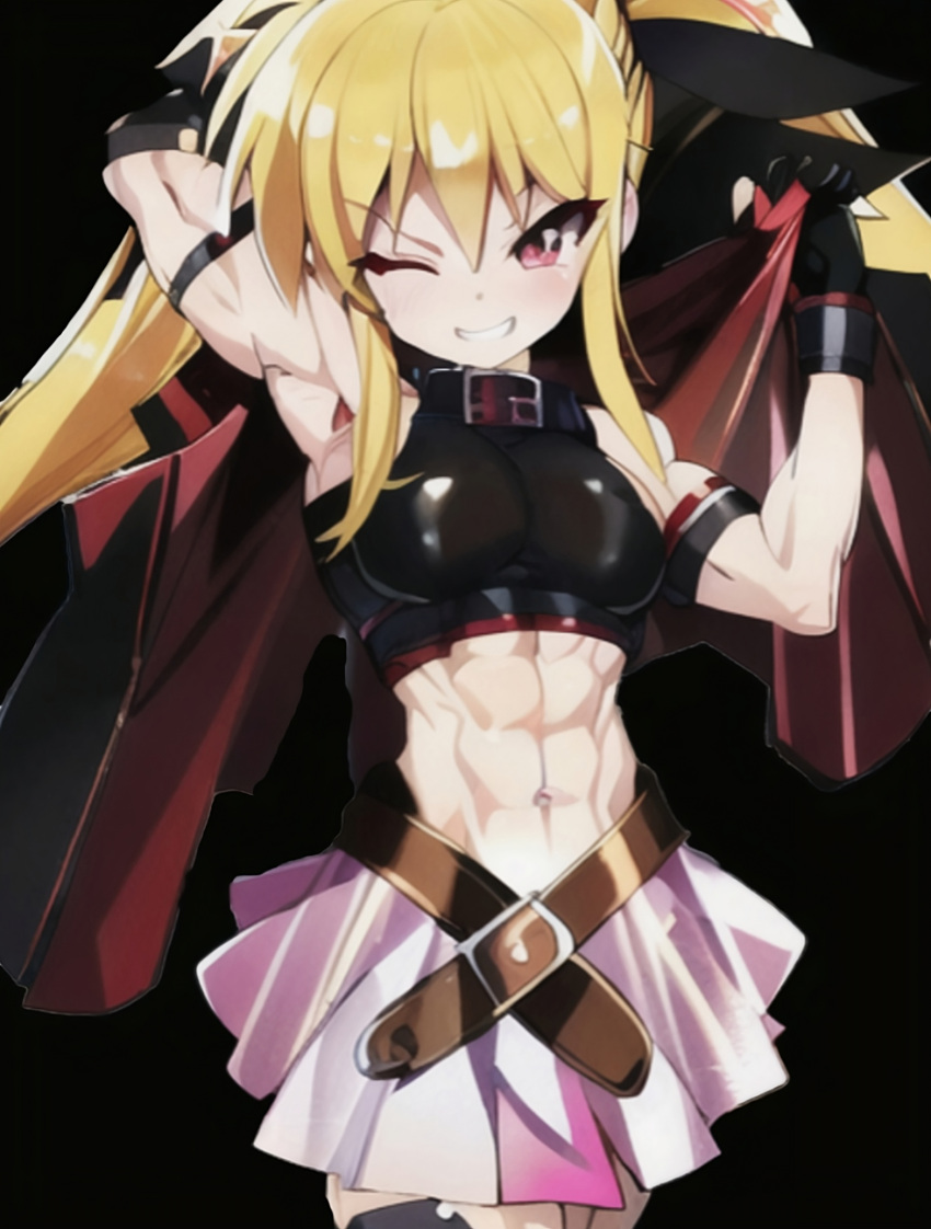 1girls abs ai_generated anime_style blonde_hair crop_top fate_testarossa lyrical_nanoha magical_girl midriff muscular_female navel pink_skirt red_eyes stomach