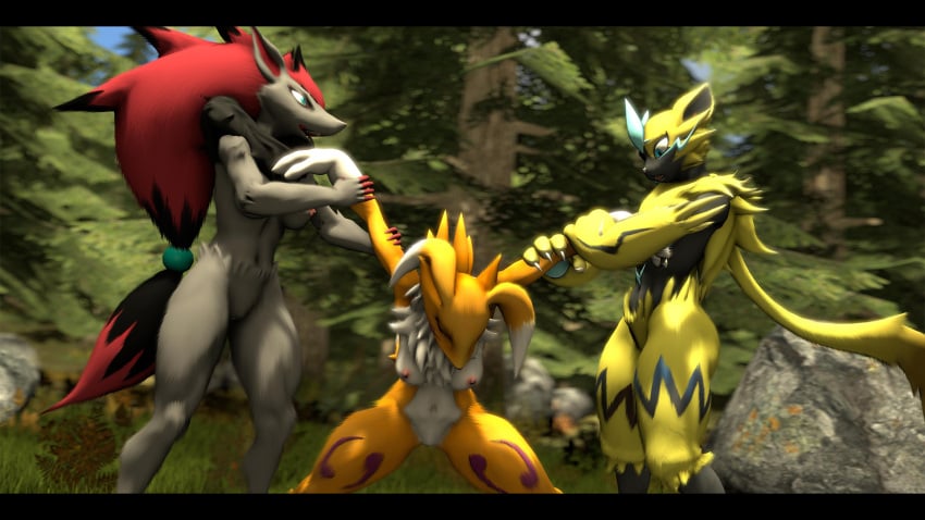 16:9 2024 3d anthro bandai_namco black_bars black_hair black_mane blue_body blue_eyes blue_fur breasts canid canine claws closed_eyes colored_claws crossover digimon digimon_(species) domestic_cat fainted felid feline felis female forest fox fur fur_markings generation_5_pokemon generation_7_pokemon genitals grass grey_body grey_ears grey_fur grey_inner_ear grey_markings grey_stripes group hair hi_res legendary_pokemon long_ears mammal mane markings multicolored_body multicolored_ears multicolored_fur multicolored_hair multicolored_mane nintendo nipples nude outside plant pokemon pokemon_(species) pupils purple_markings pussy red_claws red_hair red_inner_ear red_mane renamon renamon_(warfaremchine) rock silvarus slit_pupils striped_body striped_fur striped_markings stripes tail tree trio warfare_machine warfare_renamon warfare_zeraora white_body white_ears white_fur widescreen yellow_body yellow_ears yellow_fur yellow_tail zeraora zoroark