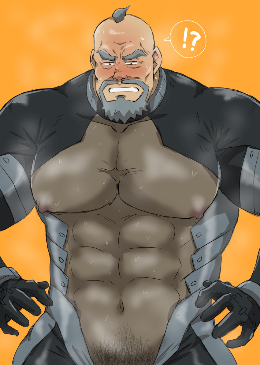 !? 1boy abs adult bald_spot bara bare_pectorals beard blush bodysuit bullbuster cowboy_shot facial_hair feet_out_of_frame goatee hi_res huge_eyebrows huge_pecs huge_pecto huge_pectorals looking_at_crotch male male_only male_pubic_hair mature_male moustache muscular muscular_male mutou_ginnosuke navel nipples no_visible_genitalia old_man older_male out_of_frame_censoring pectorals penis_out_of_frame pubic_hair revealing_clothes sanpaku shigetashigezo solo solo_male spoken_interrobang steaming_body strongman_waist sweat thick_beard thick_eyebrows very_sweaty wrinkled_skin