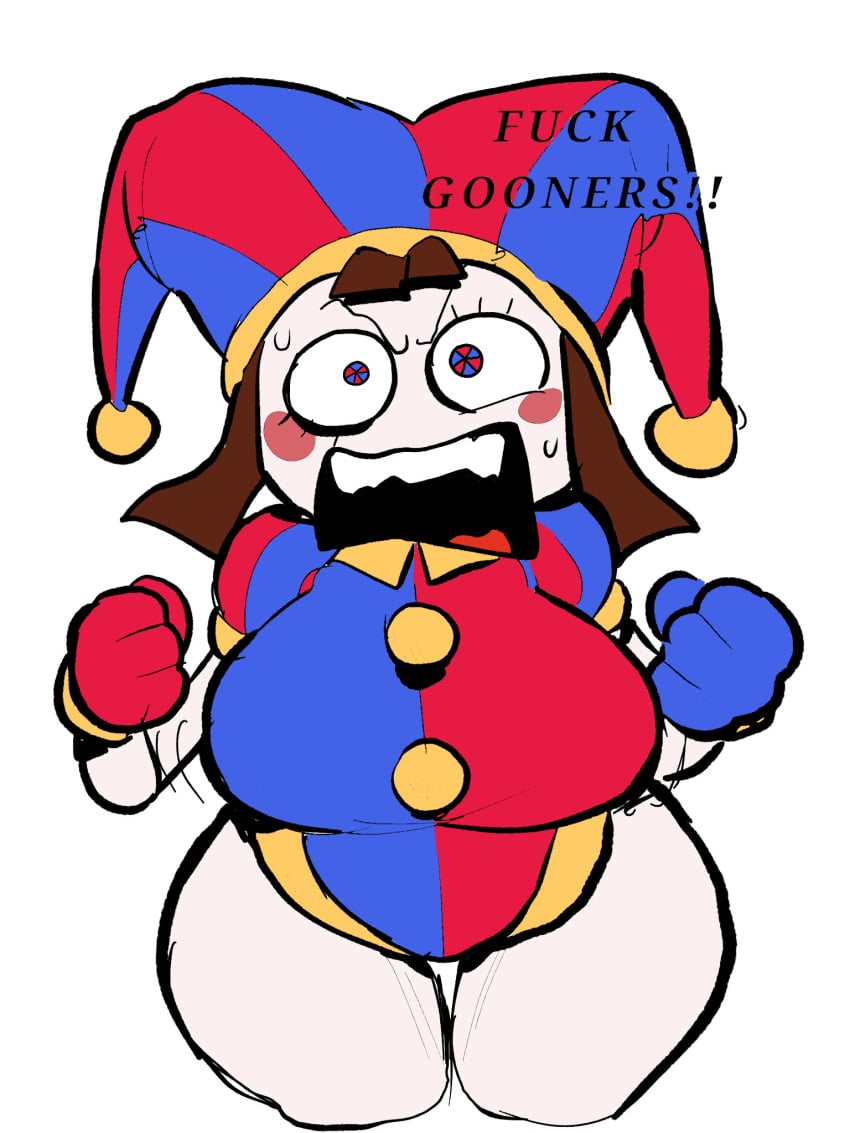 1female 1girls big_breasts big_chest chest clothed colored curvy dagothurfanclub edit edited female gooner gooning jester jester_outfit not_my_art pomni_(the_amazing_digital_circus) sketch source_deleted the_amazing_digital_circus thick_thighs voluptuous white_background