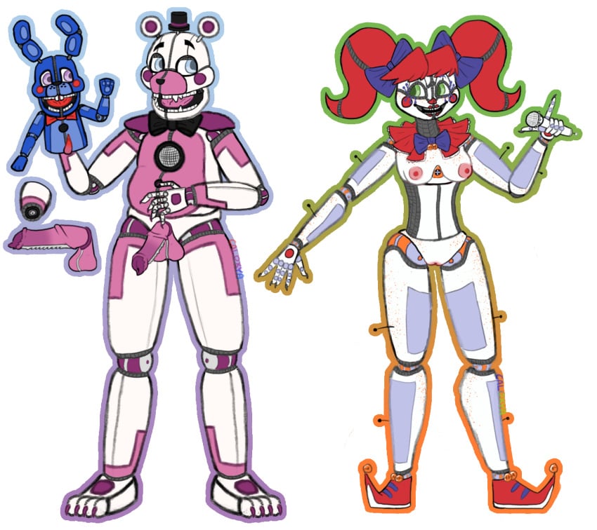 anatomically_correct anatomically_correct_genitalia anatomically_correct_penis animal_genitalia animal_penis animatronic anthro baby_(fnafsl) balls bear big_balls blue_eyes breasts caloxya circus_baby circus_baby_(fnaf) clothing eye_contact female five_nights_at_freddy's footwear footwear_only funtime_freddy_(fnafsl) genitals green_eyes group hair hi_res humanoid lagomorph leporid looking_at_another machine male mammal medium_breasts mostly_nude neckwear_only nude penis puppet_bonnie_(fnafsl) purple_eyes pussy rabbit red_hair robot scottgames shoes shoes_only sister_location thick_thighs trio twintails ursine_penis