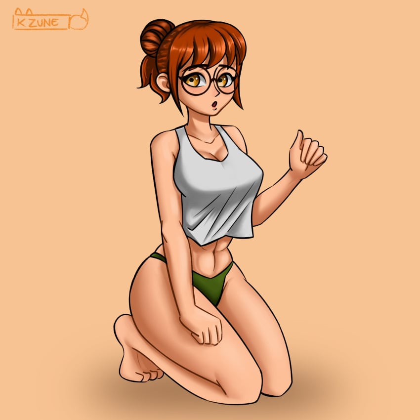 1girls 2d 2d_(artwork) 2d_artwork :o big_breasts big_thighs blush breasts brown_eyes brown_hair cleavage female female female_only fio_germi glasses green_clothing green_panties huge_breasts kzune looking_at_viewer metal_slug orange_background ponytail round_ass round_butt surprised_expression tank_top white_tank_top