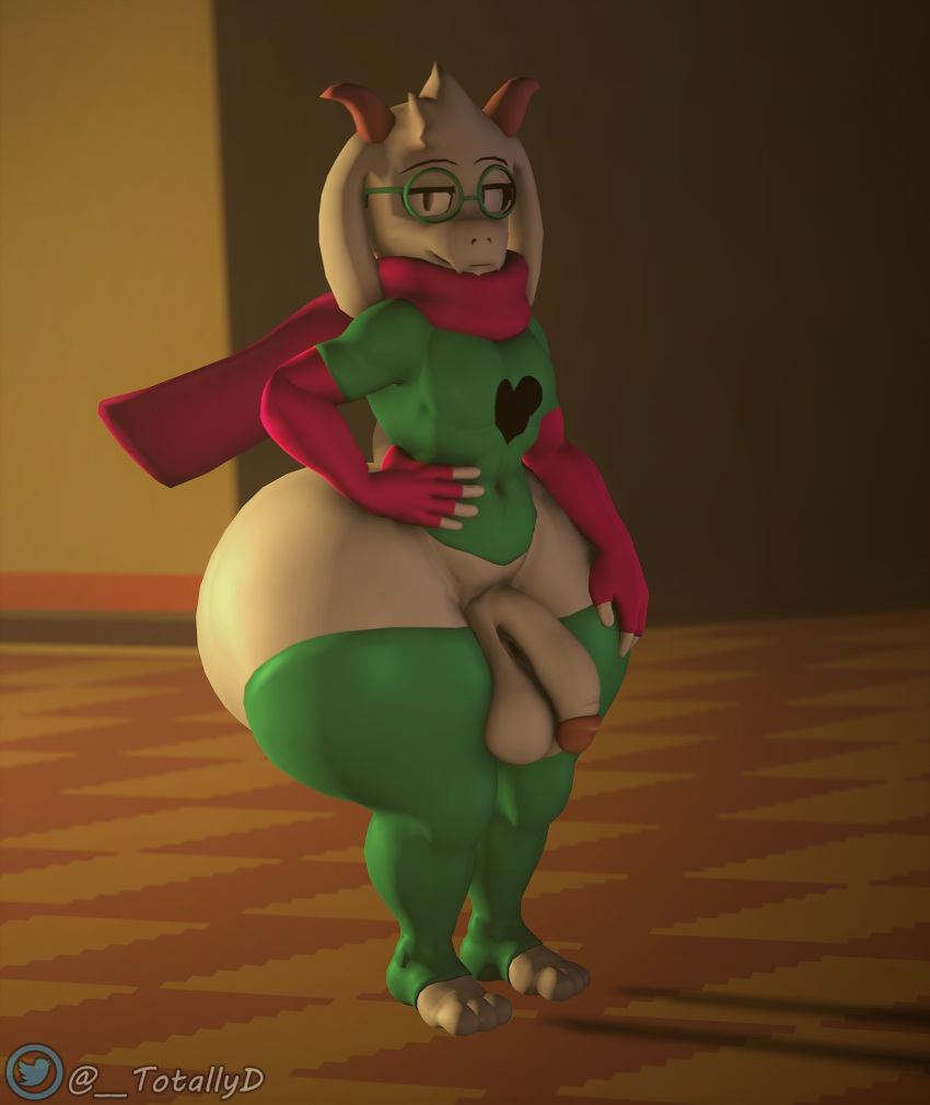 1boy 3d anthro anthro_male anthro_only balls belly_button caprine deltarune feet femboy furry furry_male furry_only hands_on_hips humanoid humanoid_male humanoid_only looking_at_viewer male male_only mammal mammal_humanoid nipples penis penis_out ralsei scarf shirt solo stockings tagme thick_thighs totallyd undertale_(series)