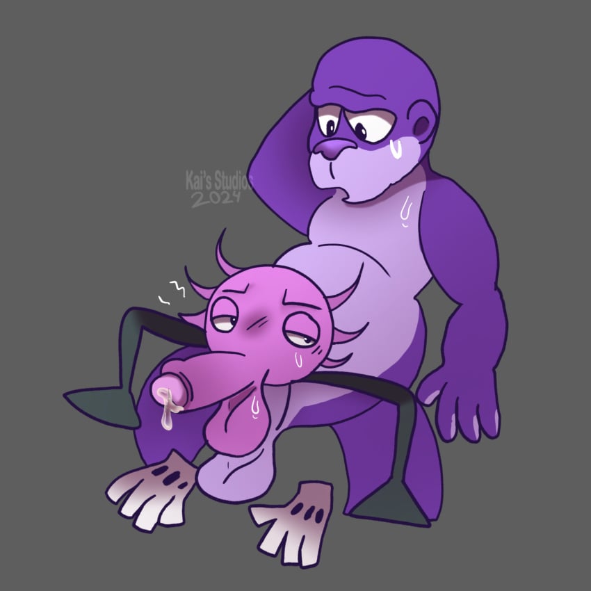 2024 2boys ambiguous_penetration bonzi_buddy foreskin furry gay gay_sex gorilla grey_background hi_res interspecies kais_studios kinito kinitopet looking_pleasured male_only precum simple_background sweat toony uncensored yaoi