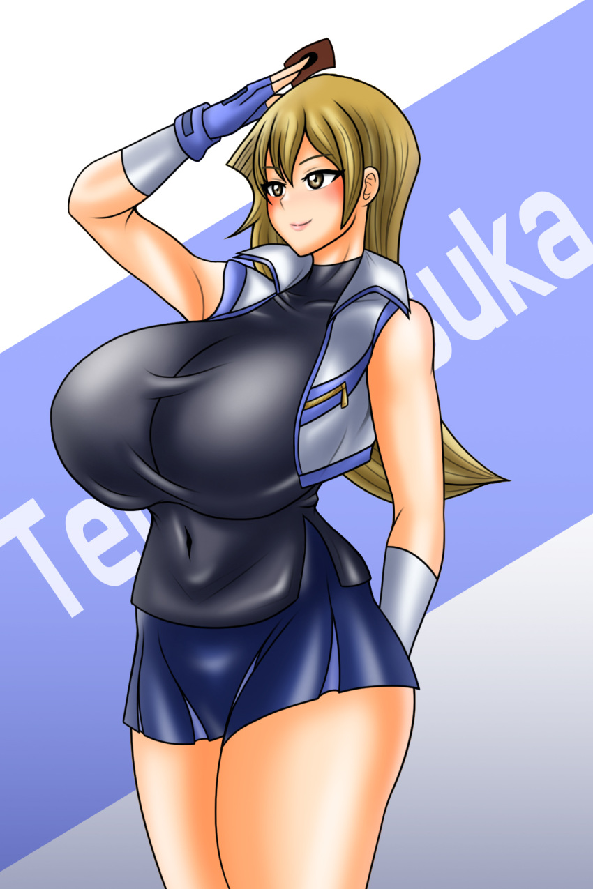 1girls alexis_rhodes blonde_hair blush clothing female female_only hi_res huge_breasts jacket navel school_uniform smile solo tenjouin_asuka treezero yu-gi-oh! yu-gi-oh!_gx