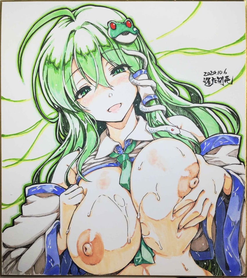 ahoge between_breasts breasts commentary_request dated detached_sleeves female frog_hair_ornament green_eyes green_hair hair_ornament highres kochiya_sanae large_breasts long_hair nipples ouma_tokiichi shikishi simple_background snake_hair_ornament solo sweat touhou traditional_media upper_body