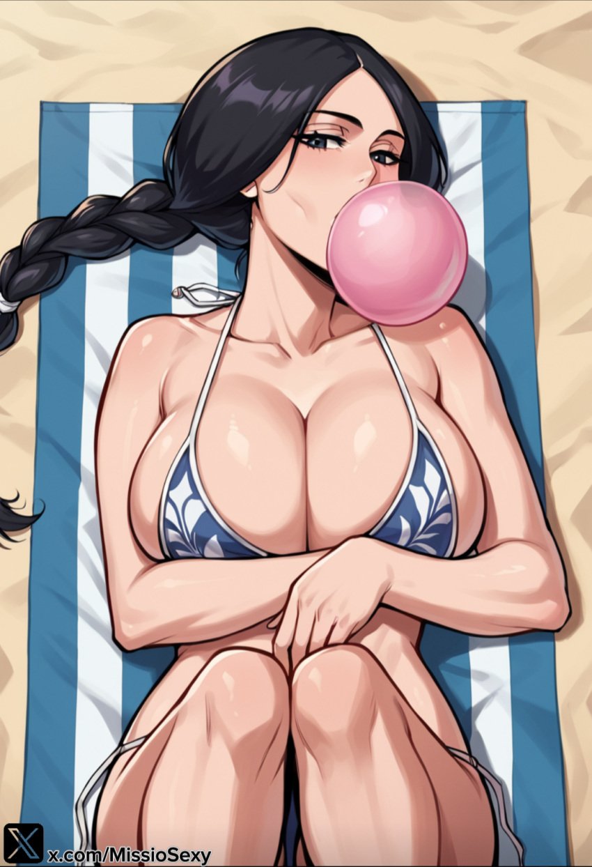 1girl 1girls ai_generated beach big_breasts bikini bikini_top bleach bleach:_the_thousand-year_blood_war blowing_bubble blowing_bubble_gum blowing_bubblegum breast_expansion breasts_bigger_than_head bubble_gum bubblegum chewing_gum curvaceous curvy curvy_figure female female_only gum hi_res high_resolution highres huge_breasts large_breasts looking_at_viewer massive_breasts miss_io seductive seductive_eyes seductive_look shiny_skin solo solo_female solo_focus stable_diffusion unohana_retsu voluptuous