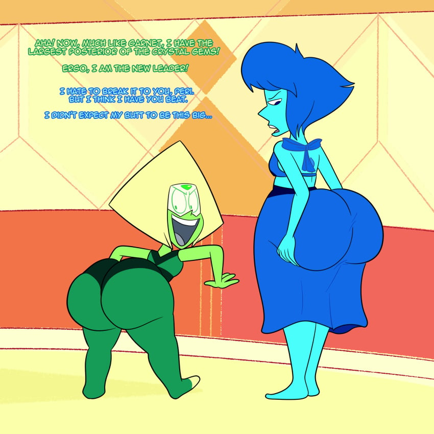 2girls alien alien_girl ass badonkadonks big_ass blue_hair blue_skin cartoon_network dialogue english_text female female_only gem gem_(species) gem_on_forehead green_skin huge_ass lapis_lazuli_(steven_universe) large_ass multiple_girls peridot_(steven_universe) scobionicle99 shortstack smile standing steven_universe text