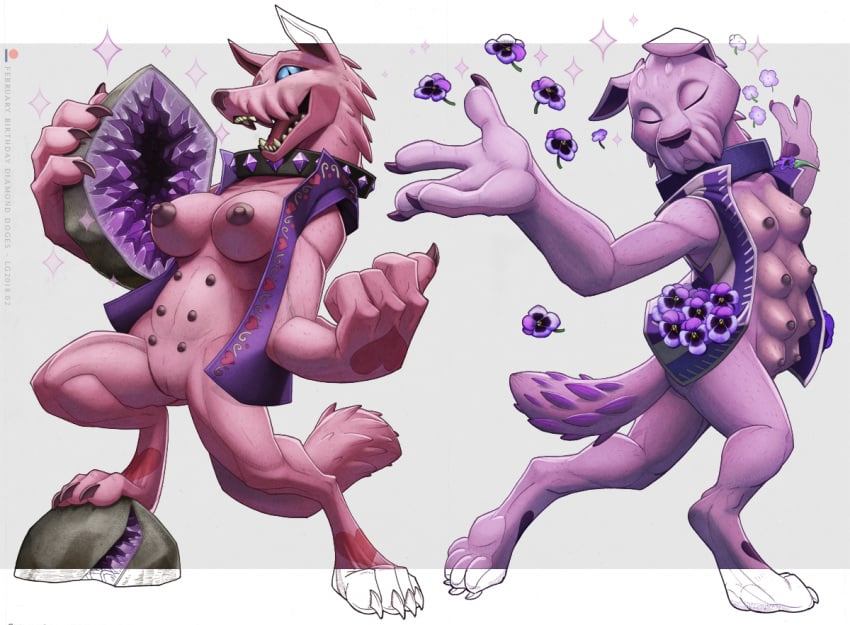 <3_marking 2018 action_pose amethyst_(gem) anthro bottomless breasts canid claws closed_eyes clothed clothing collar conditional_dnp crotchboobs diamond_dog_(mlp) duo female flower friendship_is_magic gem genitals geode hasbro holding_object looking_at_viewer loupgarou mammal mostly_nude multi_breast multi_nipple my_little_pony nipples open_mouth plant pose pussy simple_background sparkles standing studded_collar topwear vest walking white_background