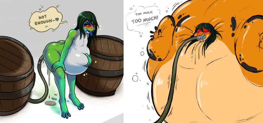 about_to_burst barrel before_and_after belly_expansion changing_color deviantseiga frog_girl hose inflation no_breasts nude nude_female oc red_eyes self_inflation spherical_inflation sunken_head sunken_limbs tagme tape