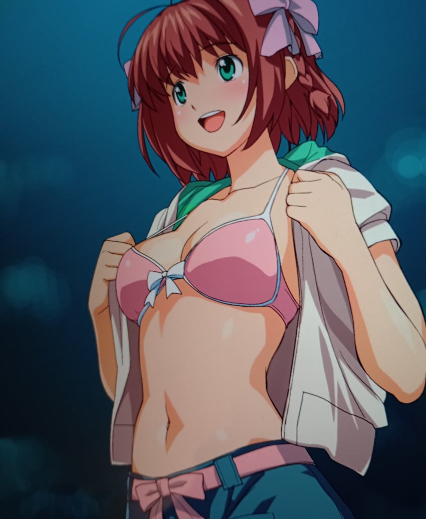 1girls amami_haruka big_breasts bra breasts brown_hair busty cleavage denim_shorts female female_only green_eyes haruka_amami idolmaster large_breasts navel open_clothes open_jacket open_mouth screencap smile solo twintails voluptuous