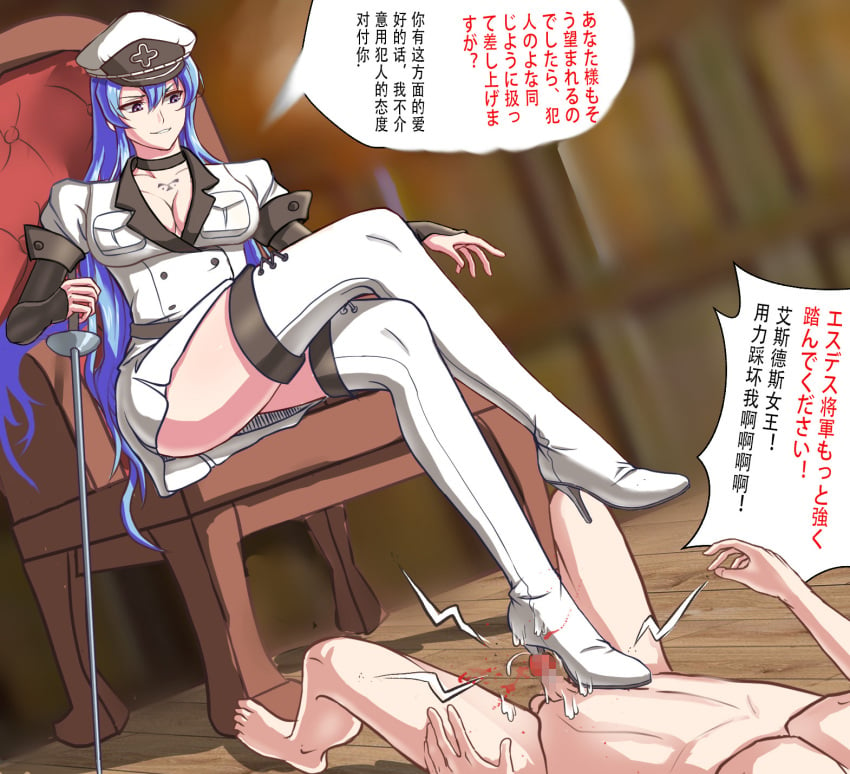 1boy 1girls akame_ga_kill! ballbusting balls big_breasts blood blue_eyes blue_hair bondage bootjob boots breasts chinese_text clothed_female clothed_female_nude_male cock_and_ball_torture crossed_legs cum dialogue domination dominatrix esdeath_(akame_ga_kill!) female femdom footjob grin heel_insertion high_heels large_breasts looking_down male_urethral_insertion malesub panties penis sadism shoejob sitting sitting_on_throne smile sounding sword thigh_boots thighs throne translation_request urethral_heeling urethral_insertion very_long_hair xzhz1996