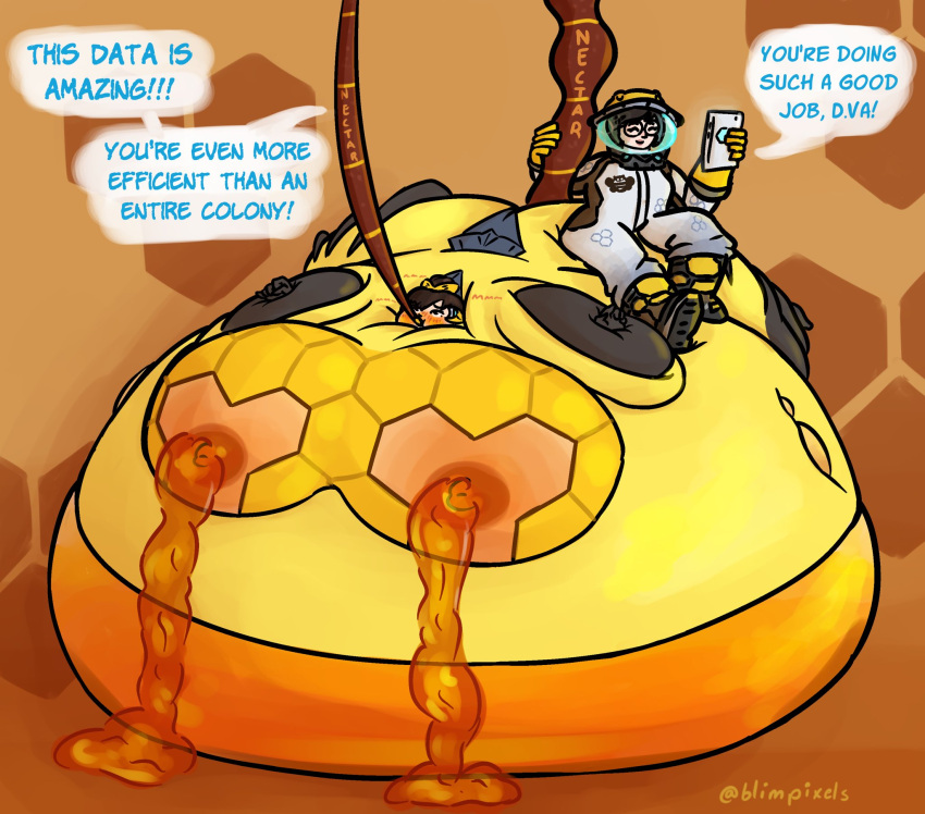 b.va balloon_inflation beekeeper_mei big_breasts blimpixels breasts d.va honey huge_breasts inflation mei_(overwatch) nipples overwatch overweight