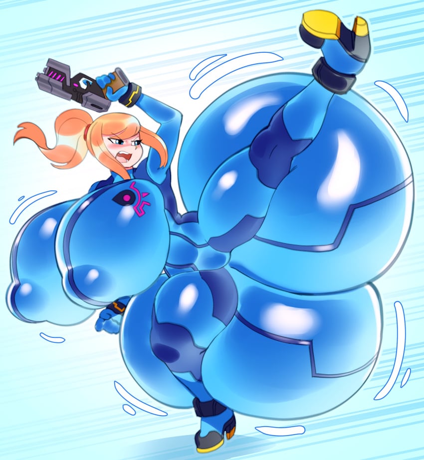 angstrom ass_body blonde_hair gun heels hyper_ass hyper_breasts kicking latex metroid nipple_bulge ponytail samus_aran skintight zero_suit_samus