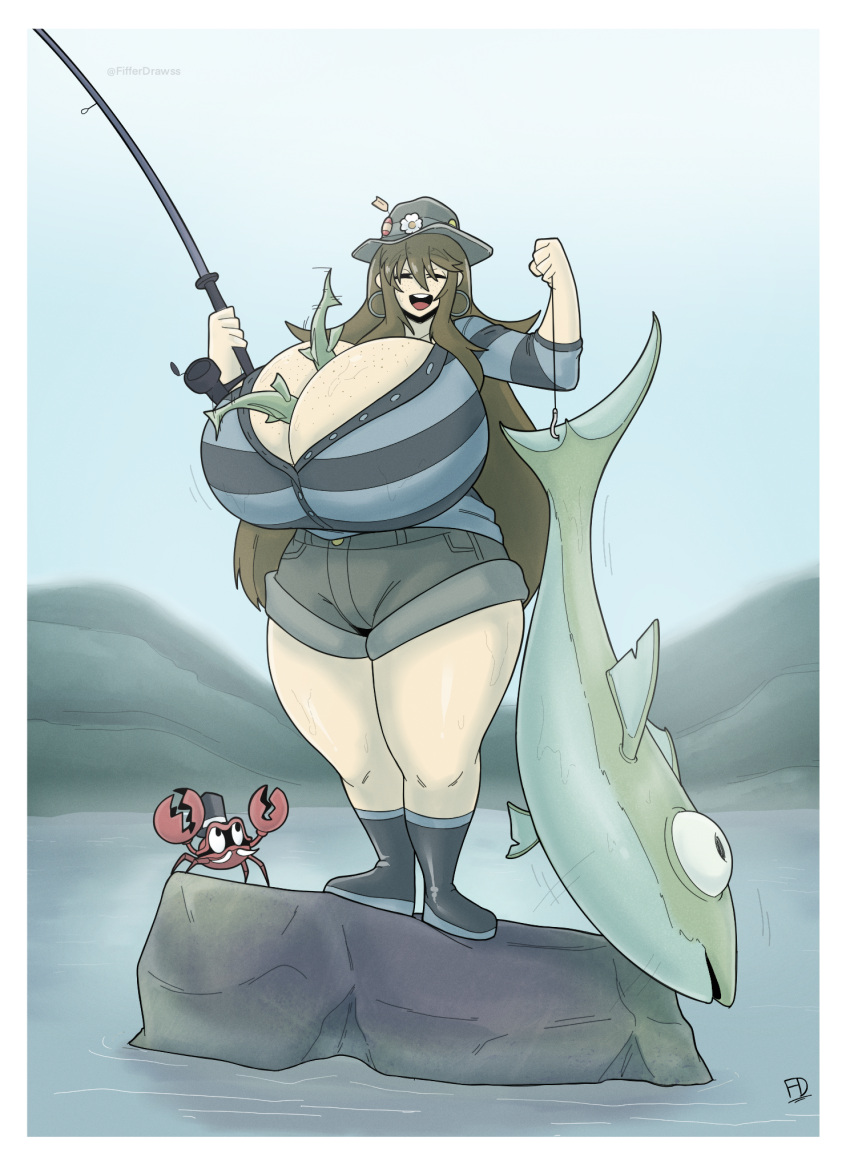 1girls art_trade between_breasts bulging_eyes cleavage cloe_(crysnickel) closed_eyes crab fiffer fish fishing_rod freckles freckles_on_breasts freckles_on_face full_body gigantic_breasts holding_animal huge_breasts long_hair open_mouth original rock shorts smile standing thick_thighs water wide_hips