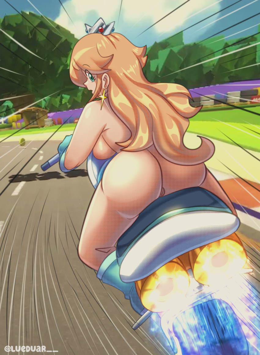 1girls ass breasts bubble_butt casual exposed_torso female female_only footwear handwear high_resolution human large_breasts looking_at_viewer looking_back lueduar lueduartv mario_(series) mario_kart motorcycle naked_footwear nude nude_female pale_skin princess_rosalina pussy solo thighs very_high_resolution