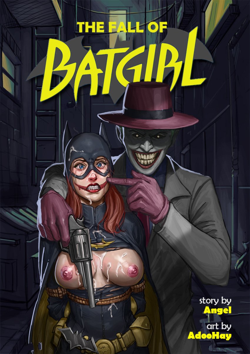 1boy adoohay arms_behind_back artist_name batgirl batman_(series) belt black_cape bound bound_arms breasts brown_gloves brown_headwear cape comic_cover cum dc_comics english_text facial female gloves glowing glowing_eyes grey_jacket grin gun handgun highres holding holding_gun holding_weapon jacket joker large_breasts lipstick makeup mask nipples pointing pointing_at_another pointy_ears rape rope shirt smile tears teeth torn_clothes torn_shirt two-tone_cape weapon yellow_belt yellow_cape