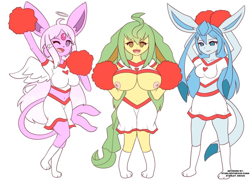 3girls ambiguous_consent arms_above_head blue_eyes blue_hair breasts breasts_out cheerleader cheerleader_costume cheerleader_outfit cheerleader_uniform cheerleaders cheerleading cheerleading_uniform espeon excited excited_expression excited_female female glaceon gold_eyes golden_eyes green_hair hair halo head_gem head_jewel hypno_eyes hypnosis hypnotic_eyes knee_high_socks knee_highs kneehigh_socks kneehighs leafeon leg_raise leg_raised legs_together legs_together_feet_apart long_hair long_hair_female long_socks midriff midriff_peek midriff_showing multiple_girls no_consent no_consent_needed pokemon pokemon_(species) pom_pom_(cheerleading) pom_poms purple_eyes questionable_consent shirt short_skirt skirt smiling smiling_at_viewer socks starletnexus starlight_nexus tight_top topwear white_shirt white_socks wings yellow_eyes