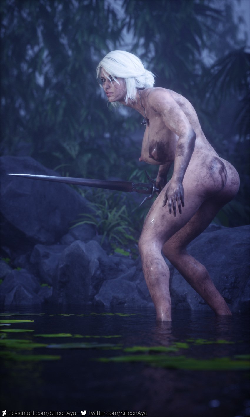 3d ass big_breasts breast ciri completely_nude dirty female light-skinned_female nude outdoors scar siliconaya solo sword tattoo the_witcher_(series) the_witcher_3:_wild_hunt white_hair