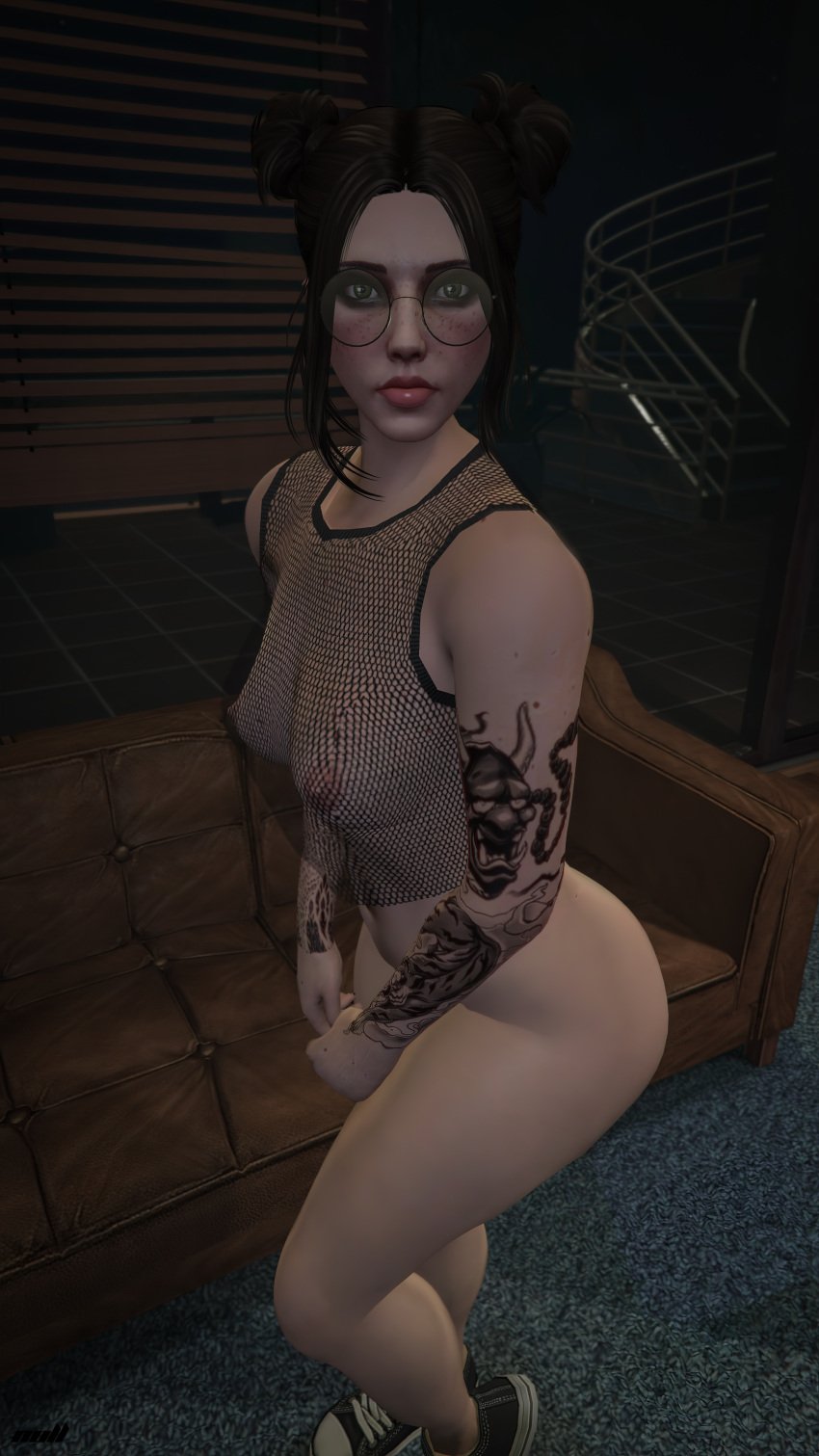 ass ass breasts breasts breasts brown_hair couch fishnet fishnet_shirt glasses grand_theft_auto grand_theft_auto_online grand_theft_auto_v green_eyes laying_down leaning_back leaning_on_elbow legs lilith_fulker nipples nipples_visible_through_clothing no_panties nopixel nullinvoid panties see-through see-through_clothing tattoo tattoo_on_back tattooed_arm tattoos thighs whale_tail