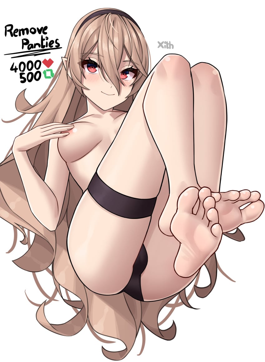 1girls breasts corrin_(fire_emblem) corrin_(fire_emblem)_(female) covering_breasts feet feet_up female female_only fire_emblem fire_emblem_fates grey_hair hairband looking_at_viewer medium_breasts nintendo partially_visible_nipples pointy_ears red_eyes smile solo topless twitter_strip_game_(meme) white_background x_xith_x