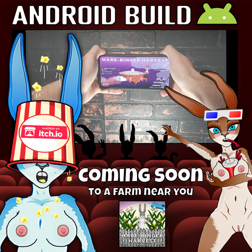 2girls android announcement anthro breasts cellphone development digital_media_(artwork) electronics female female/female food genitals group hi_res humor indie_game lagomorph leadreaper leporid machine mammal movie_theater multiple_girls nude nude_anthro nude_female phone pointing_soyjak popcorn pussy rabbit robot silhouette silly two_soyjaks_pointing