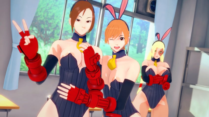 3girls breasts bunnysuit cleavage decapre dolls_(street_fighter) female female_focus juli_(street_fighter) juni_(street_fighter) kaoskatsu large_breasts multiple_girls nipples peace_sign shadaloo_dolls street_fighter street_fighter_alpha tagme thighs