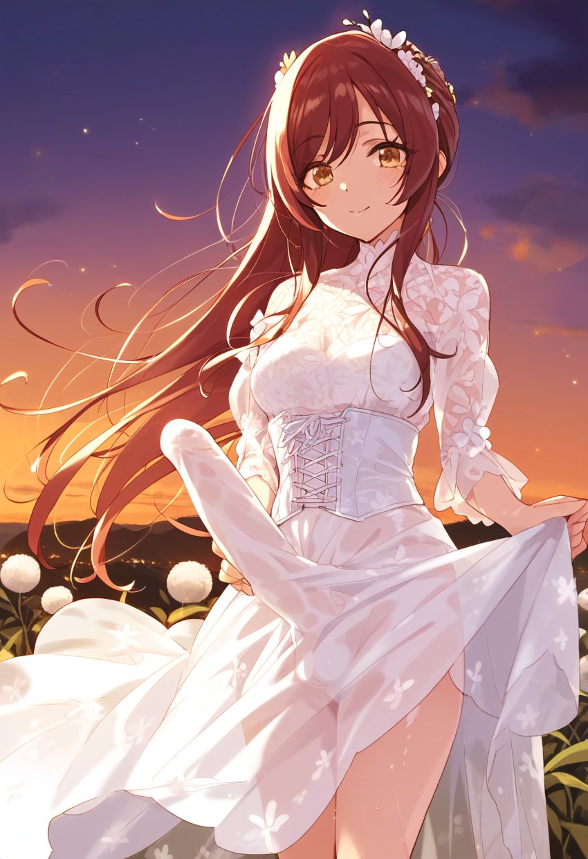 ai_generated amber_eyes balls balls_in_panties bangs big_penis blush breasts brown_hair bulge dickgirl doseogwan dress erect_penis erection erection_under_clothes field flower_field flowers full_body futa_only futanari hair_flower hair_ornament holding_penis idolmaster idolmaster_shiny_colors lifting_dress long_hair long_penis long_sleeves looking_at_viewer osaki_amana outdoors outside panties penis penis_under_clothes penis_under_dress sandals see-through see-through_clothing smile solo solo_futa standing sunset tenting thick_penis underwear wedding_dress white_dress white_panties