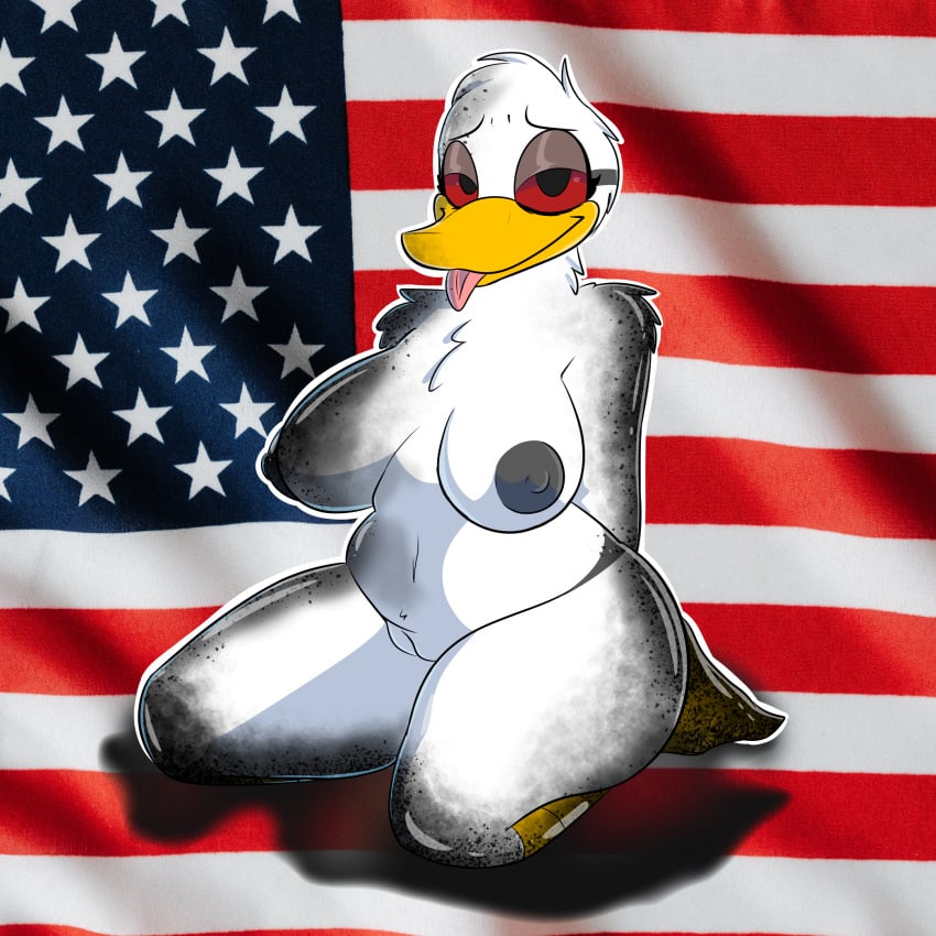 american_flag anatid anseriform anthro arm_tuft ass avian beak big_breasts bird black_nipples breasts digital_media_(artwork) dirty duck feathers feet female fur genitals hair hands_behind_back hi_res kneeling looking_at_viewer mammal membrane_(anatomy) nipples nude oil pussy red_eyes shoulder_tuft simple_background slightly_chubby smile solo sos_or_loss toes tongue tongue_out tuft united_states_of_america webbed_feet yellow_beak