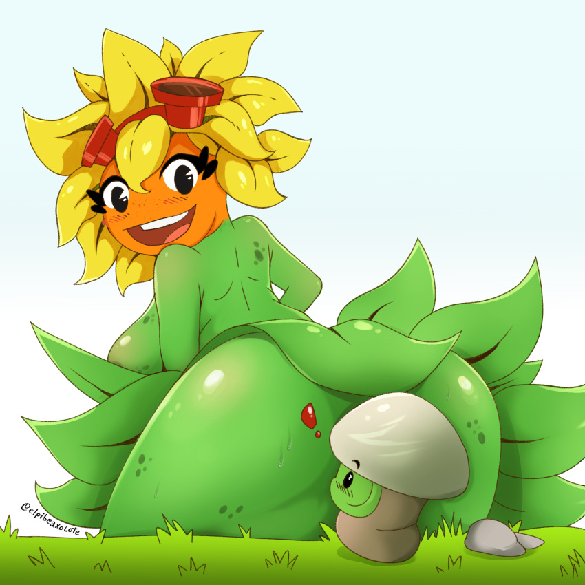 ass big_butt blonde_female blonde_hair blush blush_lines blushing_at_viewer butt_shadow button_mushroom_(pvz) elpibeaxolote female_focus giant_ass grass grass_field green_skin looking_back mushroom naked naked_female open_mouth open_smile plant_girl plantie plants_vs_zombies plants_vs_zombies:_heroes red_goggles simple_background sitting smile smiley_face solar_flare_(pvz) sunflower teeth_showing