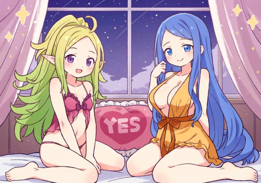 2girls :d ahoge babydoll barefoot blue_eyes blue_hair blush breasts commission curtains cute_face female female_only fire_emblem fire_emblem_awakening fire_emblem_engage green_hair highres indoors large_breasts long_hair looking_at_viewer lumera_(fire_emblem) multiple_girls navel nightgown nintendo nowi_(fire_emblem) on_bed onyhakase open_mouth panties pointy_ears purple_eyes second-party_source sitting skeb_commission small_breasts smile underwear very_long_hair wariza window yes-no_pillow