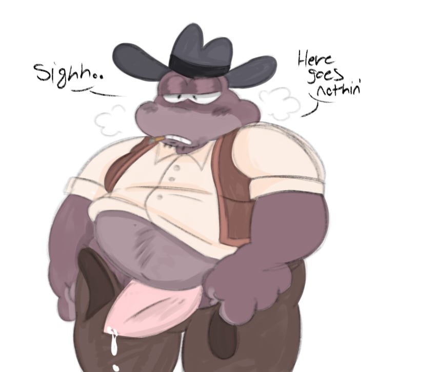 blush cowboy cowboy_hat garten_of_banban heavy_breathing non-human non-human_only overweight sheriff_toadster toad toony unbuckled_belt