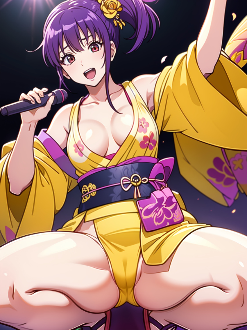 ai_generated brown_eyes cameltoe cleavage female female_only full_cleavage furisode gintama hair_ornament idol inner_sideboob japanese_clothes kanzashi kimono medium_breasts microphone no_bra obi ponytail purple_hair side_ponytail singing smile solo spread_legs squatting terakado_tsuu