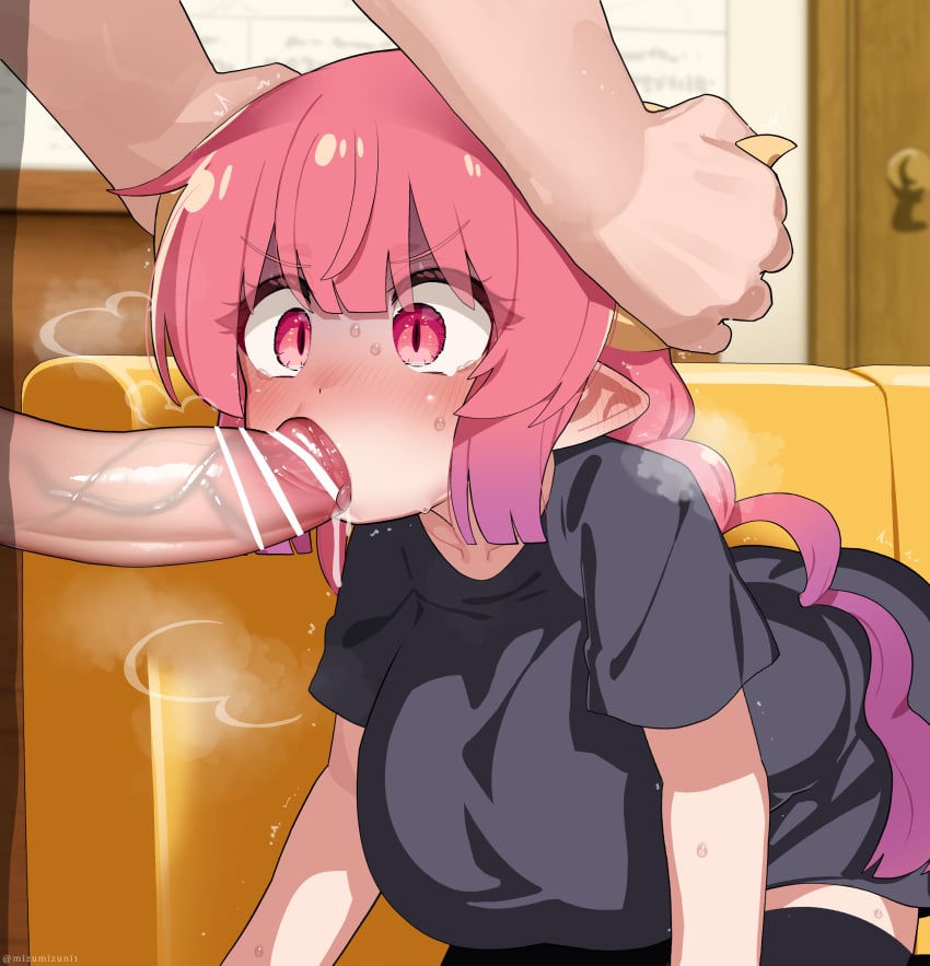 1boy ^^^ absurdres all_fours anime_style bar_censor black_shirt black_thighhighs blush breasts censored couch dragon_girl dragon_horns ear_blush erection fellatio female gloom_(expression) gradient_hair heavy_breathing highres horn_grab horns ilulu_(dragon_maid) ilulu_(maidragon) imminent_irrumatio indoors just_the_tip kobayashi-san_chi_no_maidragon miss_kobayashi's_dragon_maid mixed-language_commentary mizumizuni multicolored_hair nose_blush on_couch oral paid_reward_available penis pink_eyes pink_hair pointy_ears purple_hair rape saliva saliva_on_penis shirt short_sleeves slit_pupils solo_focus straight sweat tearing_up thighhighs twintails v-shaped_eyebrows variant_set veins veiny_penis yellow_horns