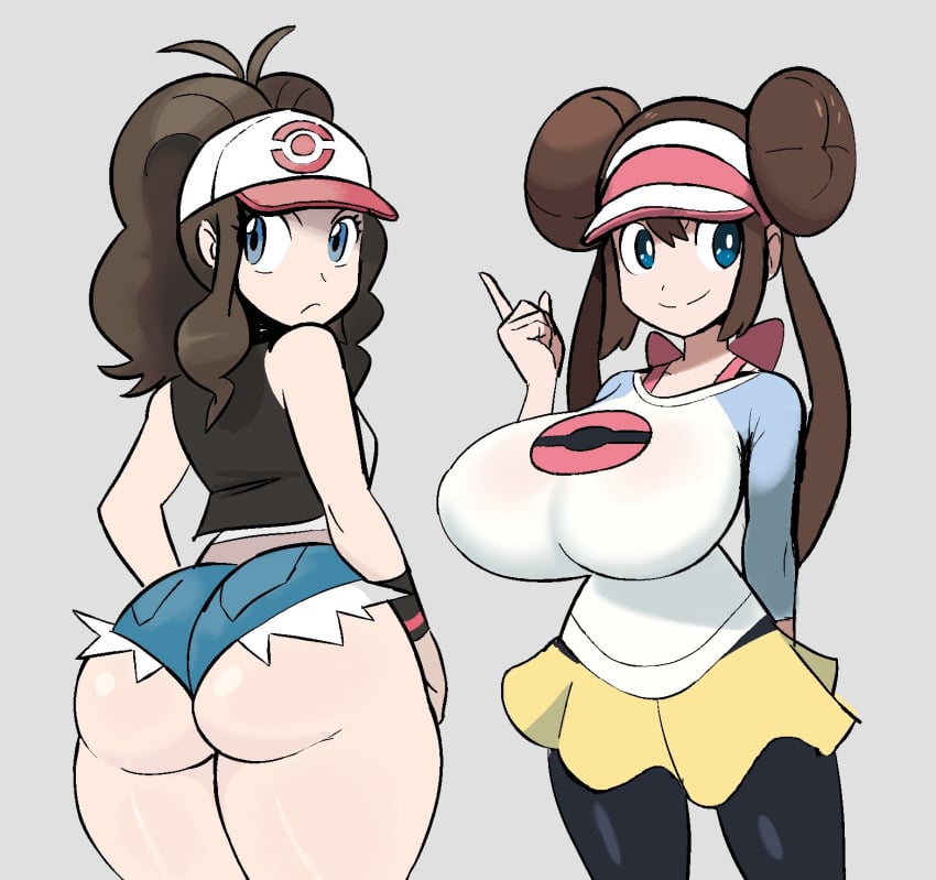 2girls alternate_ass_size alternate_breast_size ass ass_size_difference ass_vs_breasts behitbo big_ass big_breasts big_butt blue_eyes bottom_heavy breast_size_difference breasts brown_hair busty cap creatures_(company) curvaceous curvy curvy_female curvy_figure denim_shorts double_bun doughnut_hair_bun female female_focus female_only game_freak gray_background grey_background hair_bun hair_buns hat headwear hi_res high_resolution highres hilda_(pokemon) huge_breasts jean_shorts large_ass large_breasts leggings light-skinned_female light_skin long_hair nintendo pokemon pokemon_(game) pokemon_bw pokemon_bw2 rosa_(pokemon) shorts simple_background skirt smile smiling thick_thighs thighs tights top_heavy voluptuous voluptuous_female white_shirt