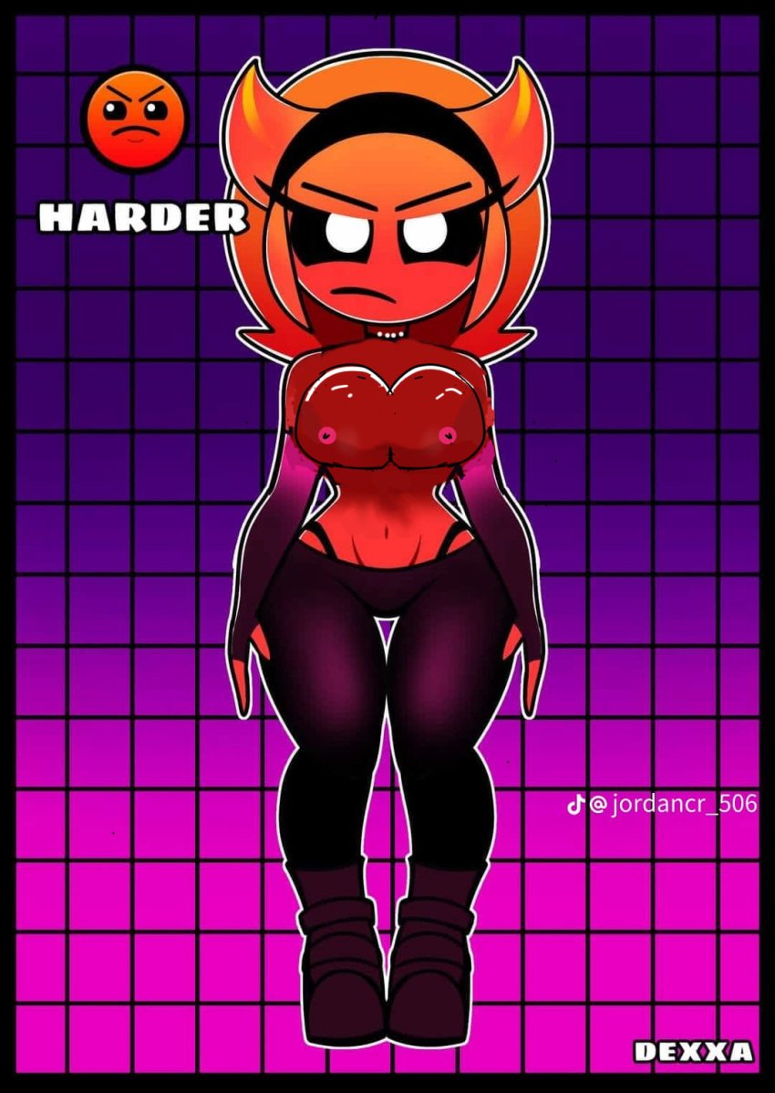 1girls big_breasts breasts female female_only geometry_dash harder harder_(geometry_dash) hotel_room hotpants panties red_body red_hair rule_63 sexy_breast solo