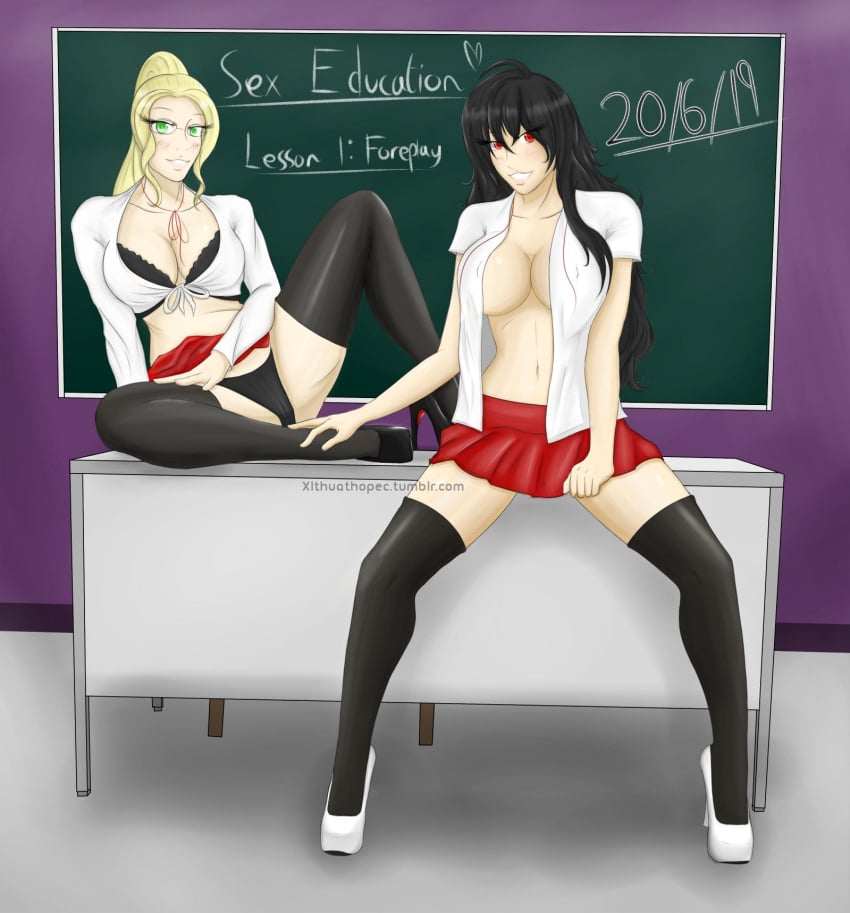 2girls black_hair blonde_hair classroom glynda_goodwitch multiple_girls offscreen_character raven_branwen rwby sex_education xlth