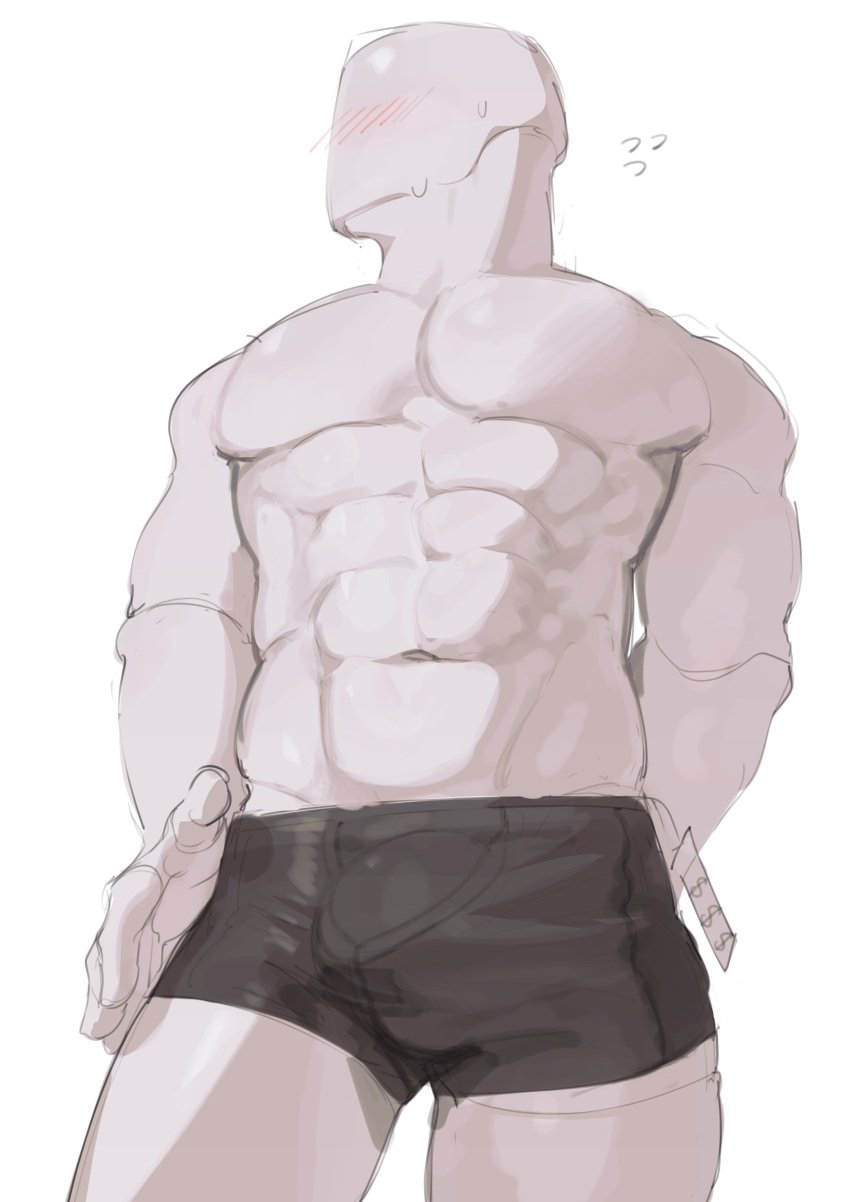 abs absurd_res animate_inanimate anthro bara blush bodily_fluids bulge bulge_through_clothing clothed clothing digital_media_(artwork) embarrassed faceless faceless_male front_view glistening glistening_body hi_res kogito looking_away low-angle_view male male_only mannequin muscular muscular_male navel nervous pectorals posing shy simple_background solo solo_male sweat sweatdrop sweating underwear underwear_only white_body