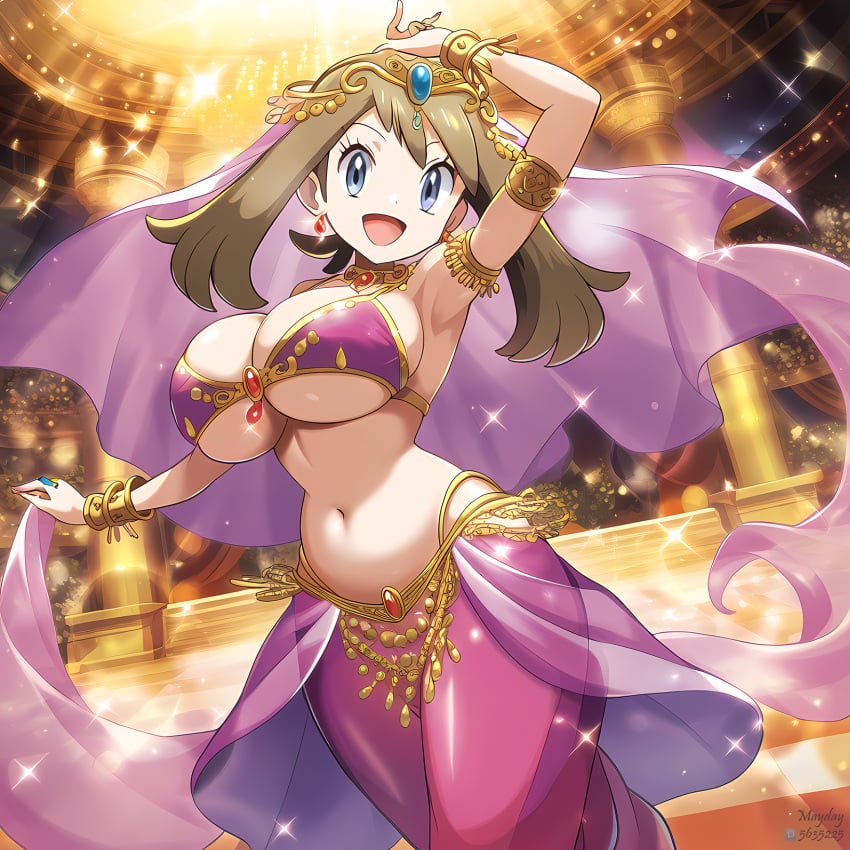 2024 accurate_art_style ai_art ai_generated arabian_clothes areolae_slip armpits arms_up belly_dancer belly_dancer_outfit blue_eyes bracelet breasts brown_hair cleavage dancing earrings female game_freak grin highres human jewelry large_breasts may_(pokemon) mayday_(artist) nintendo pokemon smile underboob upper_body veil