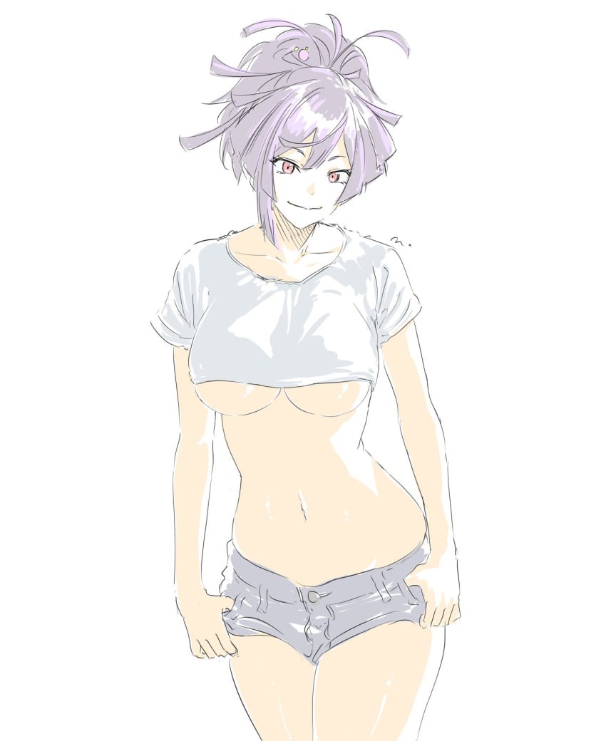 1girls anime_style belly_button big_breasts breasts crop_top female female_only jigokuraku jorts mi_(artist) midriff mitsugu navel purple_hair shirt shirt_up short_shorts shorts skimpy skimpy_clothes solo underboob white_background yuzuriha_(jigokuraku)