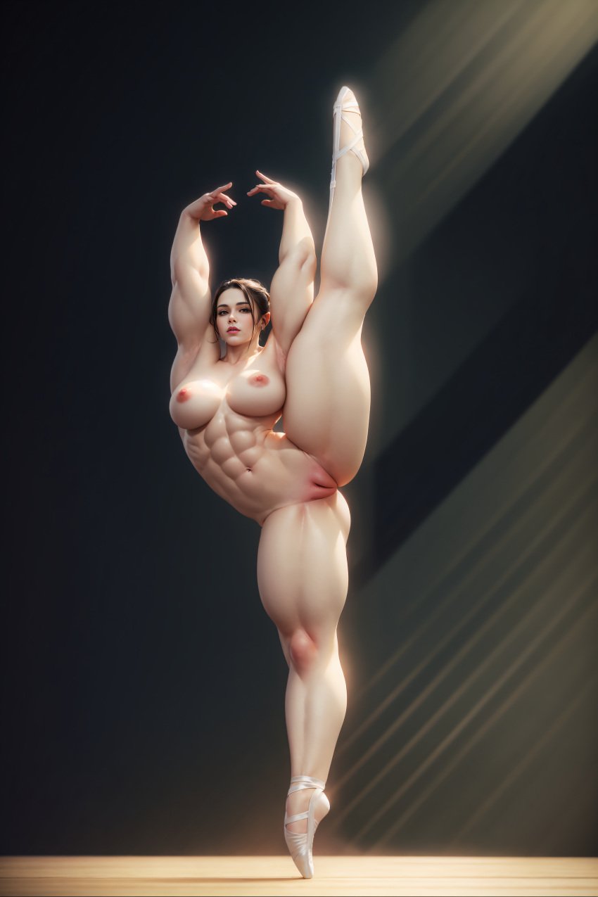 abs absurd_res ai_generated armpits arms_up ballerina ballet_slippers breasts brown_hair female female_focus female_only hair_tied innie_pussy knoworai legs_spread muscles muscular muscular_female nipples pussy realistic solo solo_female stable_diffusion thick_thighs