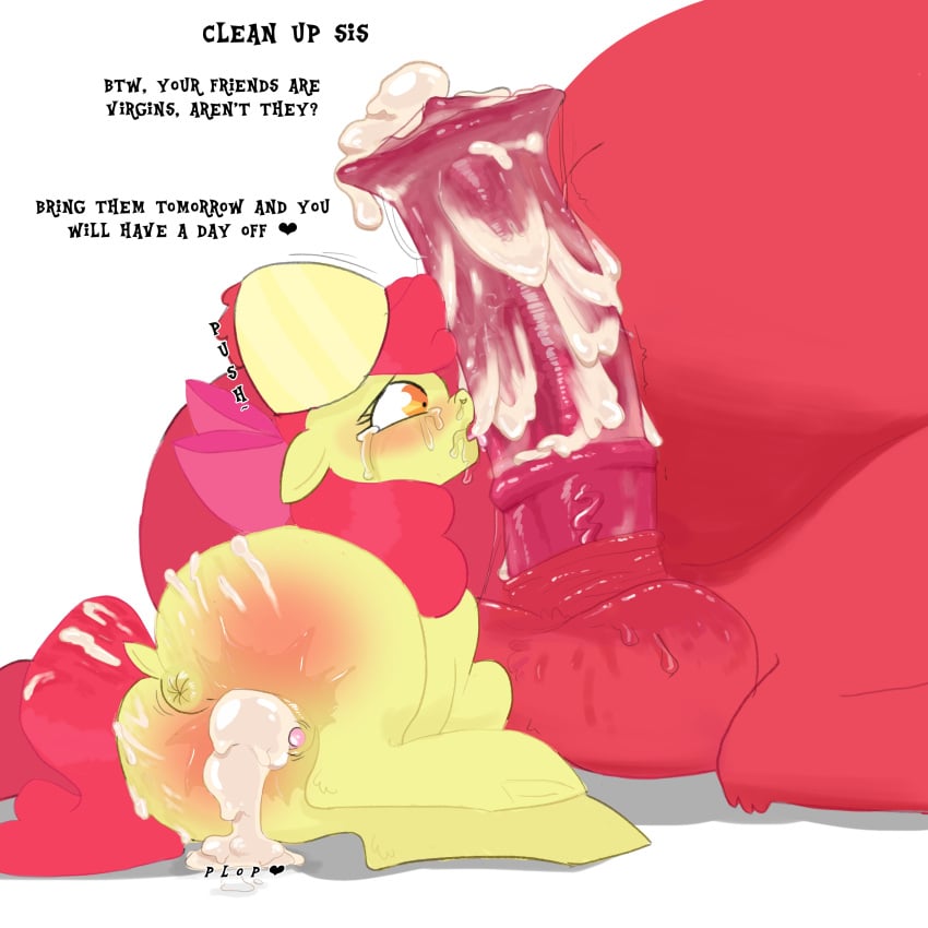 1boy 1boy1girl 1girls 2024 2d 2d_(artwork) after_sex after_vaginal apple_bloom_(mlp) big_macintosh_(mlp) big_penis brother_and_sister crying cum_in_pussy cum_inside cum_on_ass cum_on_body cum_on_penis dialogue english_text female female/male female_focus female_on_male feral forced forced_oral huge_cock incest licking_penis llkki male male/female male_on_female my_little_pony rape size_difference text tongue white_background young younger_female