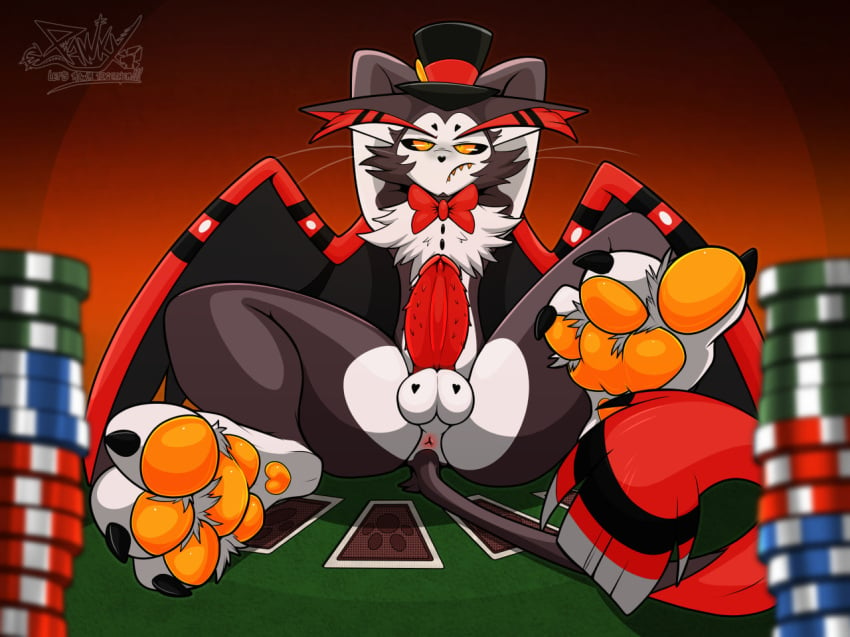 anthro anus balls casino domestic_cat erection felid feline felis game_over gameplay_mechanics gay genitals hazbin_hotel husk_(hazbin_hotel) male male_only mammal pawpads paws pawzzhky penis raised_paw solo