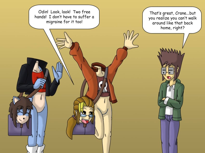 1anthro 1boy 2girls anthro bottomless bottomless_female brown_t-shirt casual casual_bottomless casual_nudity crane_hollow crop_top detachable_head dullahan featureless_crotch female gameboysage gb_(gameboysage) headless human jacket midriff minionking nonsexual nonsexual_nudity nude_alt nude_female_clothed_male odin_thompson pantsless partially_clothed purse t-shirt text wholesome wholesome_nudity