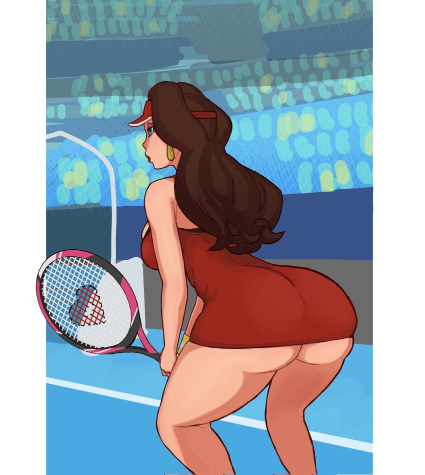 1girls 2knsfw1 alternate_version_available ass bent_over big_ass blue_eyes breasts brown_hair ear_piercing earrings female female_only hair headwear holding_object huge_ass lips long_hair mario_(series) mario_tennis nintendo pauline pauline_(mario) red_dress short_dress solo solo_female tennis_racket tennis_uniform thighs visor visor_cap